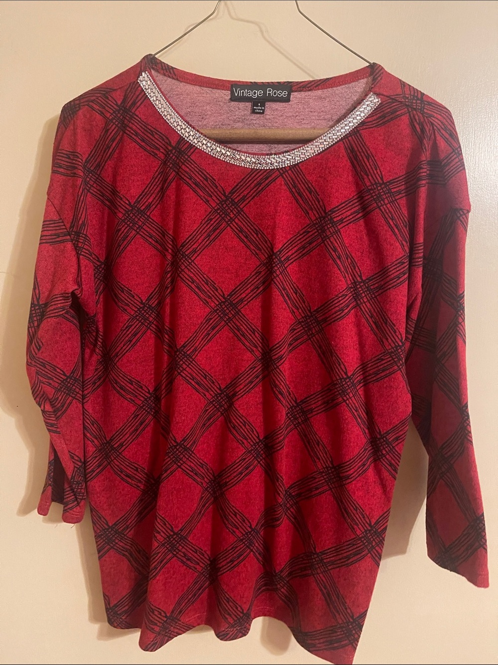 Vintage Rose Red Plaid Top with Black Accents and Rhinestone Neckline